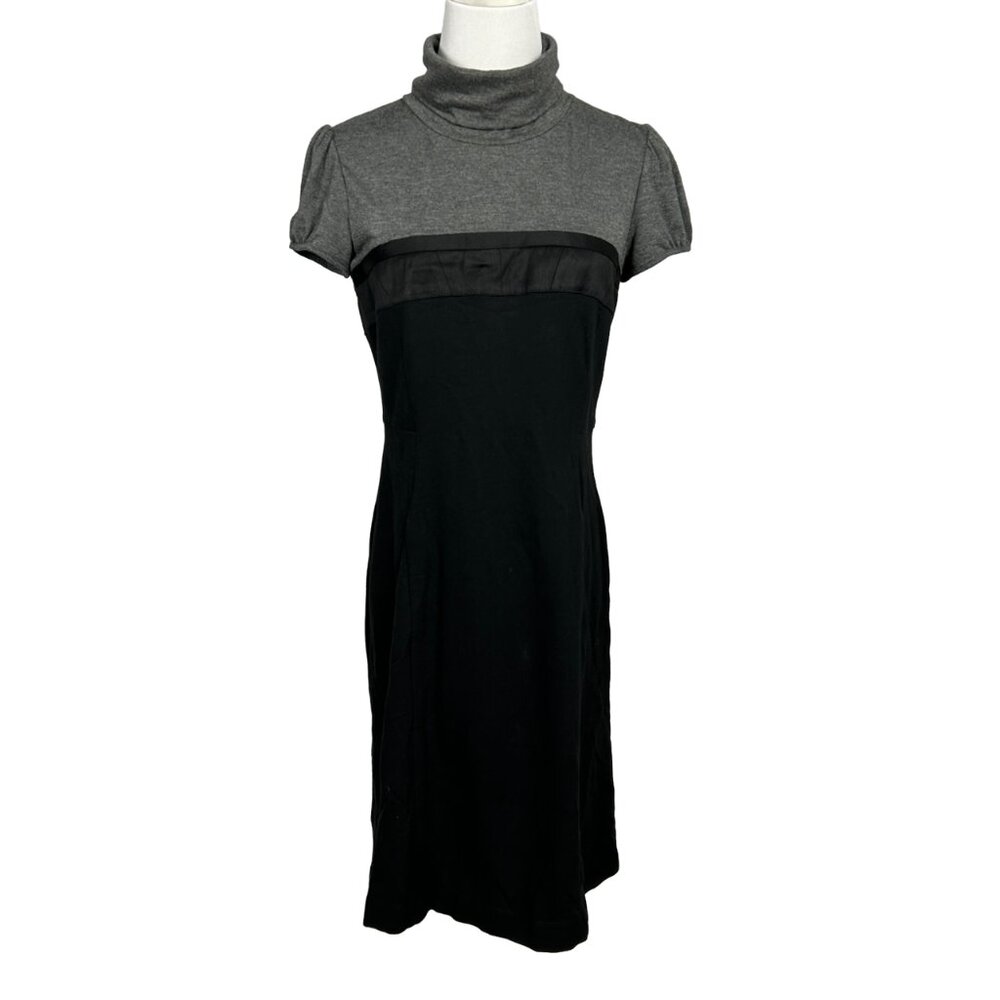 Theory Wool Blend Shift Dress Turtleneck Short Sleeve Womens 6 Grey Black